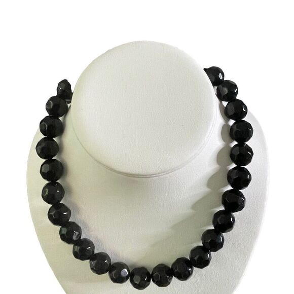 Vintage Jet Black Faceted Glass Beaded Choker Necklace 16” Single Strand - Picture 3 of 6